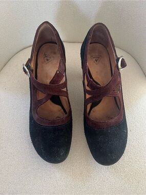 John Fluevog Suede Mary Jane Pumps in Black and Burgundy